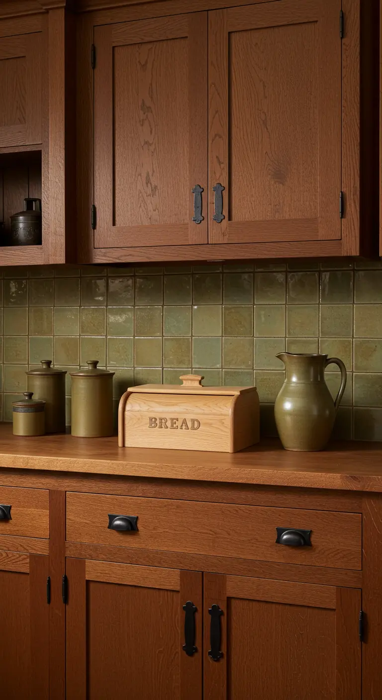 Detalle de una encimera de cocina de madera estilo Craftsman con cerámica verde.