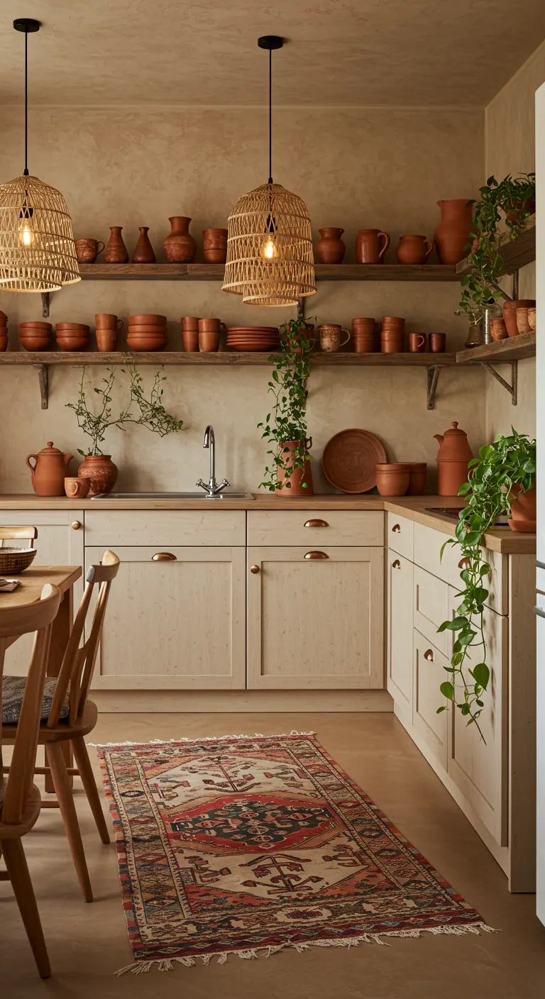 Cocina beige rústica con estantes llenos de cerámica de terracota y una alfombra kilim.