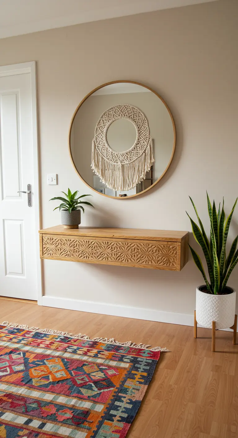 Recibidor de estilo bohemio con consola de madera tallada, espejo redondo y alfombra kilim colorida