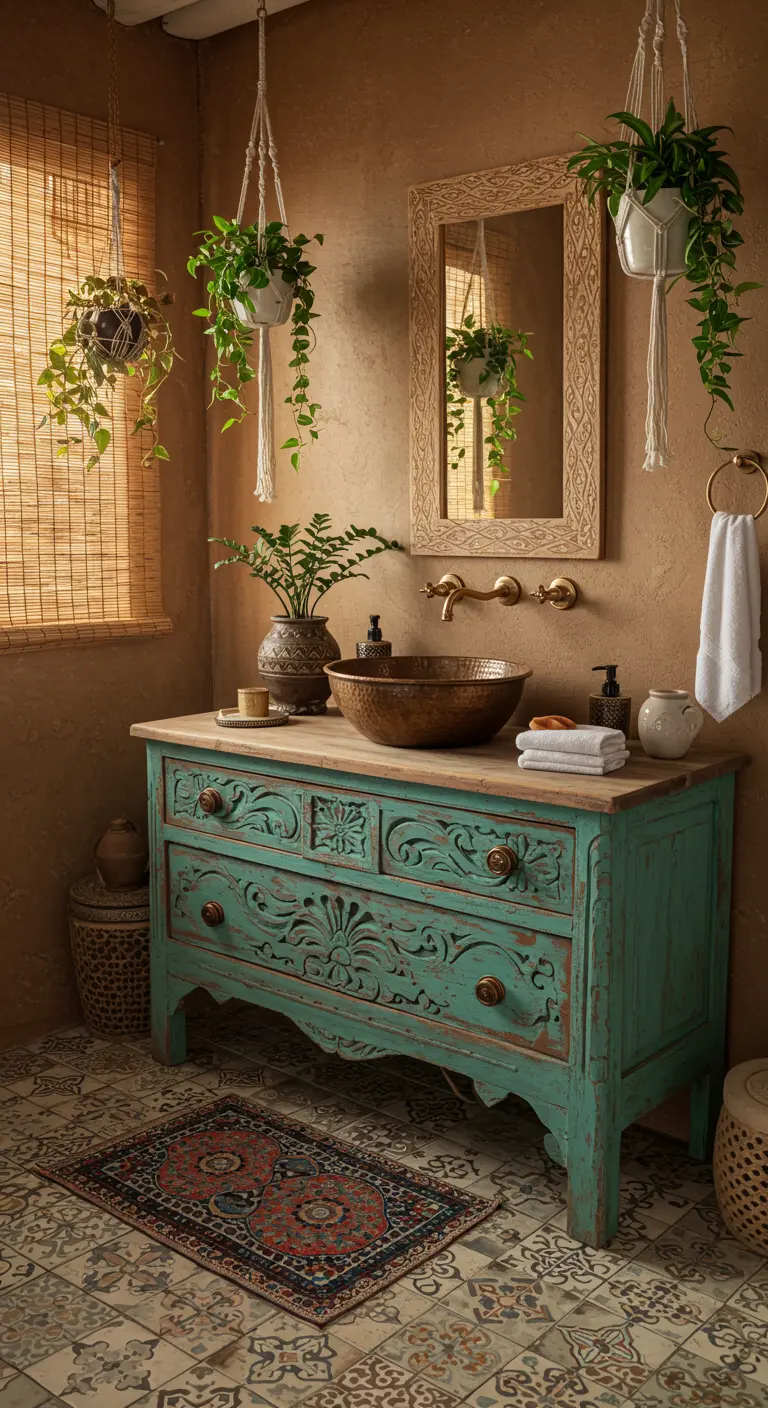 Baño bohemio con un antiguo mueble turquesa tallado, lavabo de cobre y plantas colgantes.