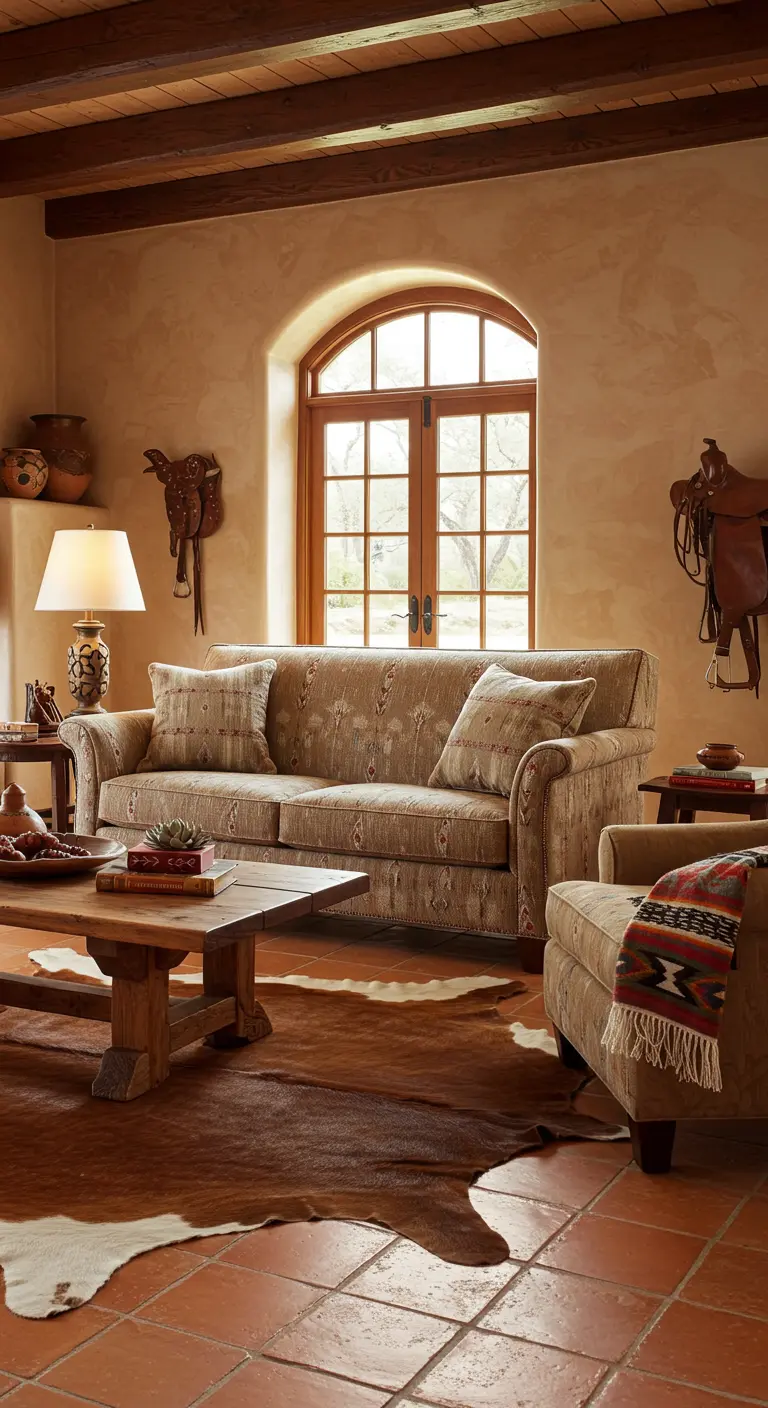 Sala estilo hacienda con suelo de terracota, sofá estampado y paredes de estuco.