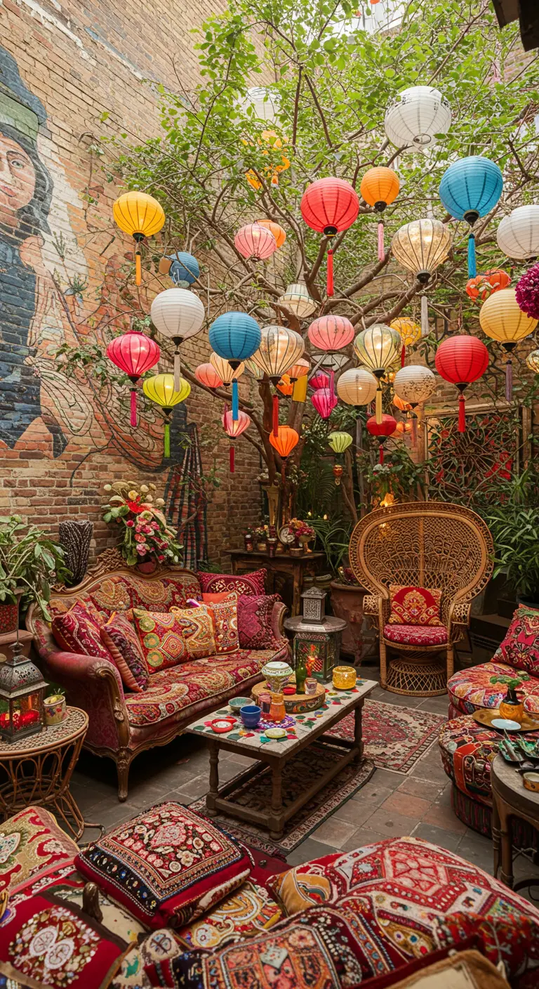 Patio bohemio ecléctico con farolillos de colores, muebles vintage y alfombras persas.