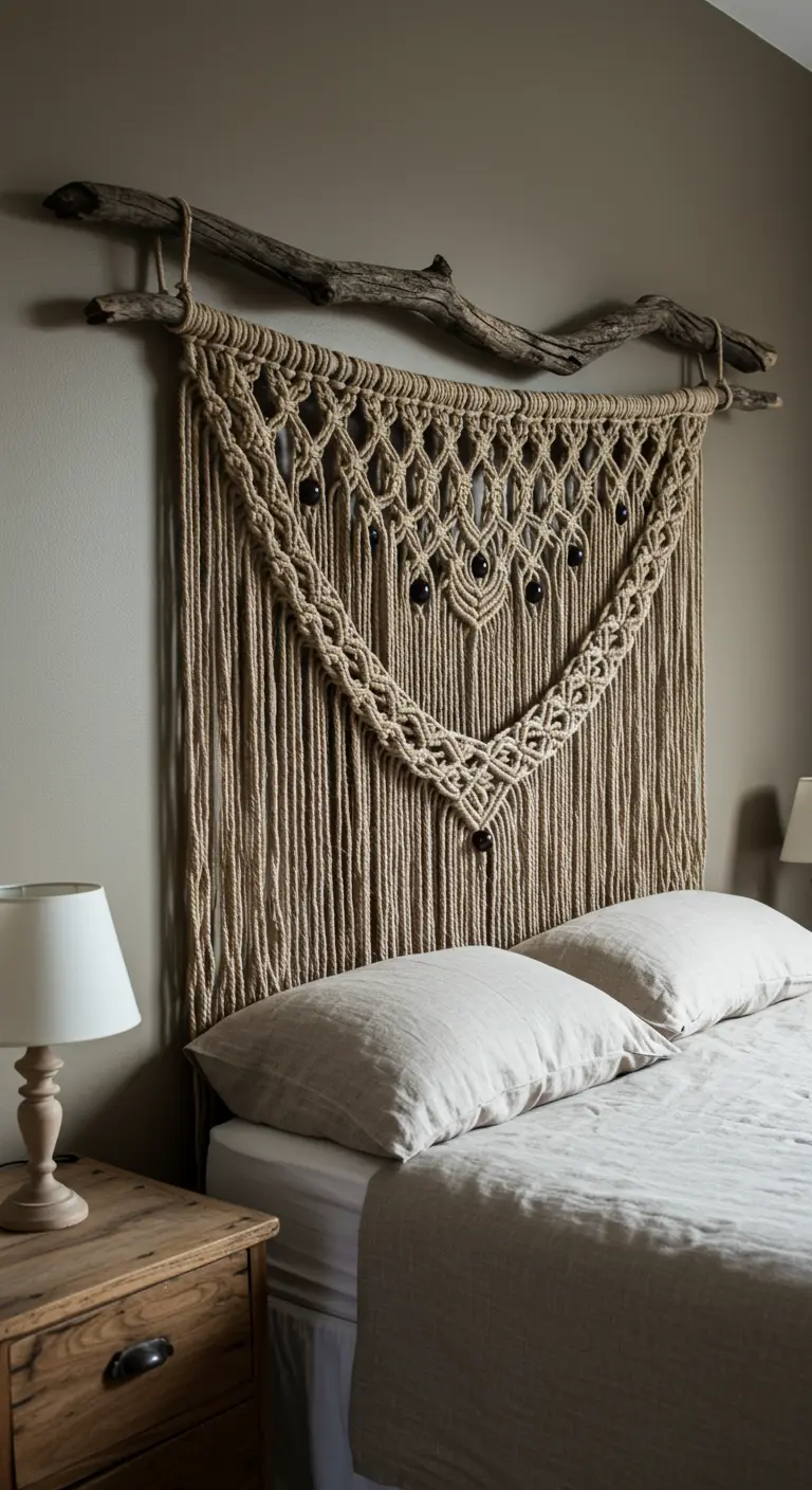Cabecera de macramé rústica en yute con cuentas de madera oscura sobre una cama con sábanas de lino.