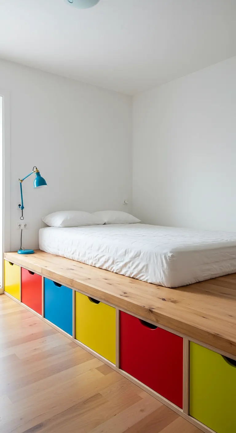 Cama de plataforma de madera con cajones de almacenamiento pintados en colores primarios brillantes.