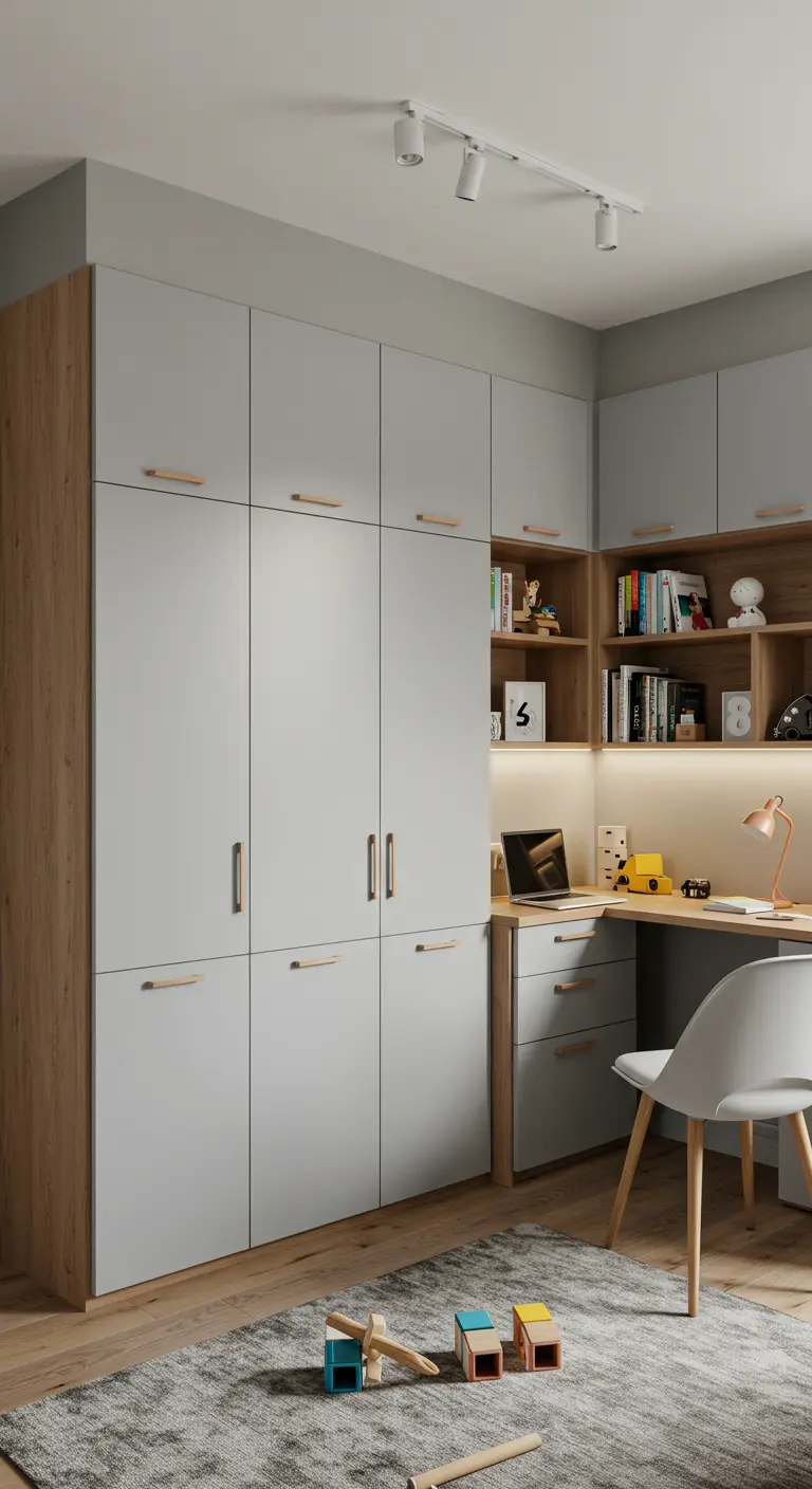 Cama alta integrada en un sistema de armarios de pared a pared en gris y madera