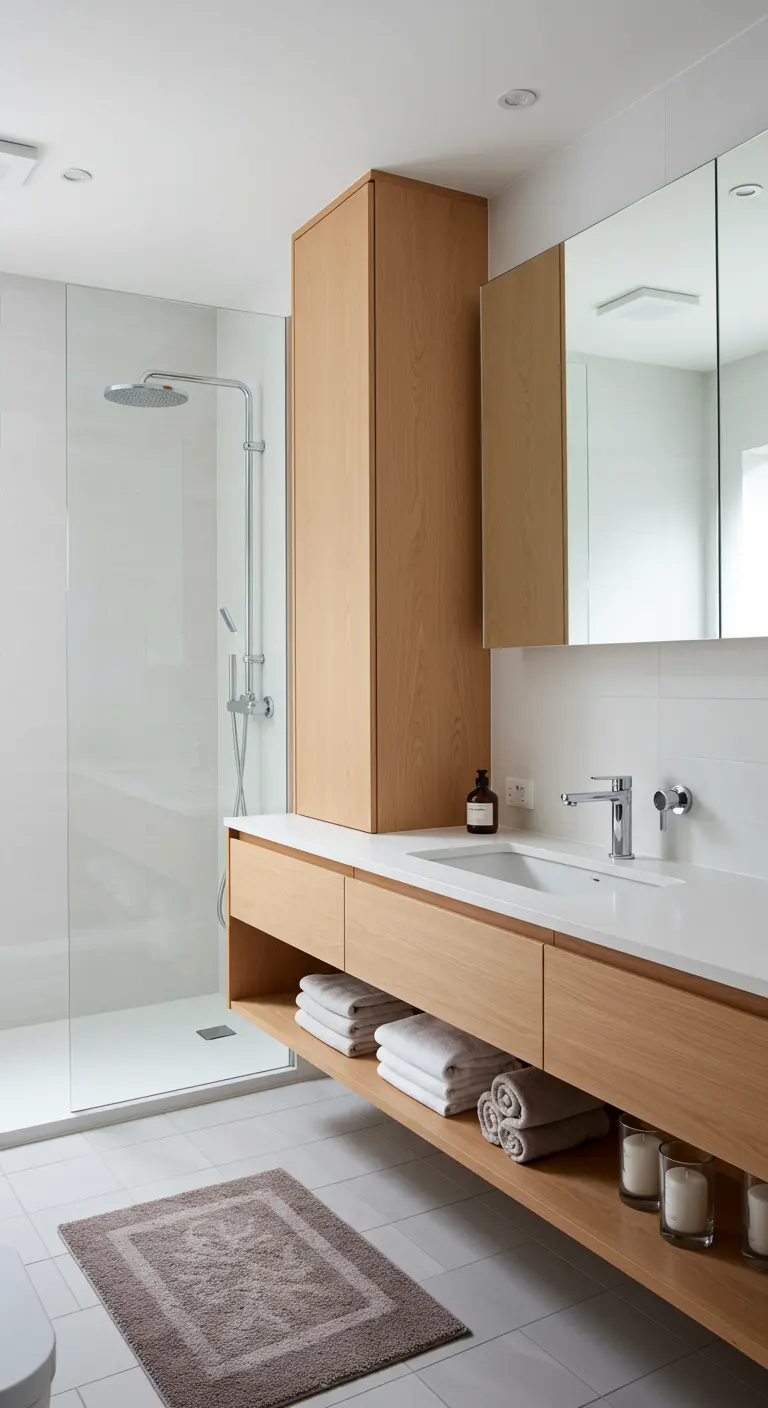 Baño blanco con mueble de lavabo y armario alto a juego en madera de roble claro.