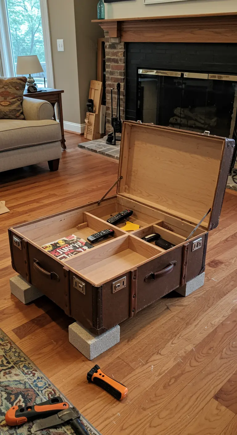 Maleta de viaje antigua abierta con compartimentos de madera para organizar revistas y mandos.