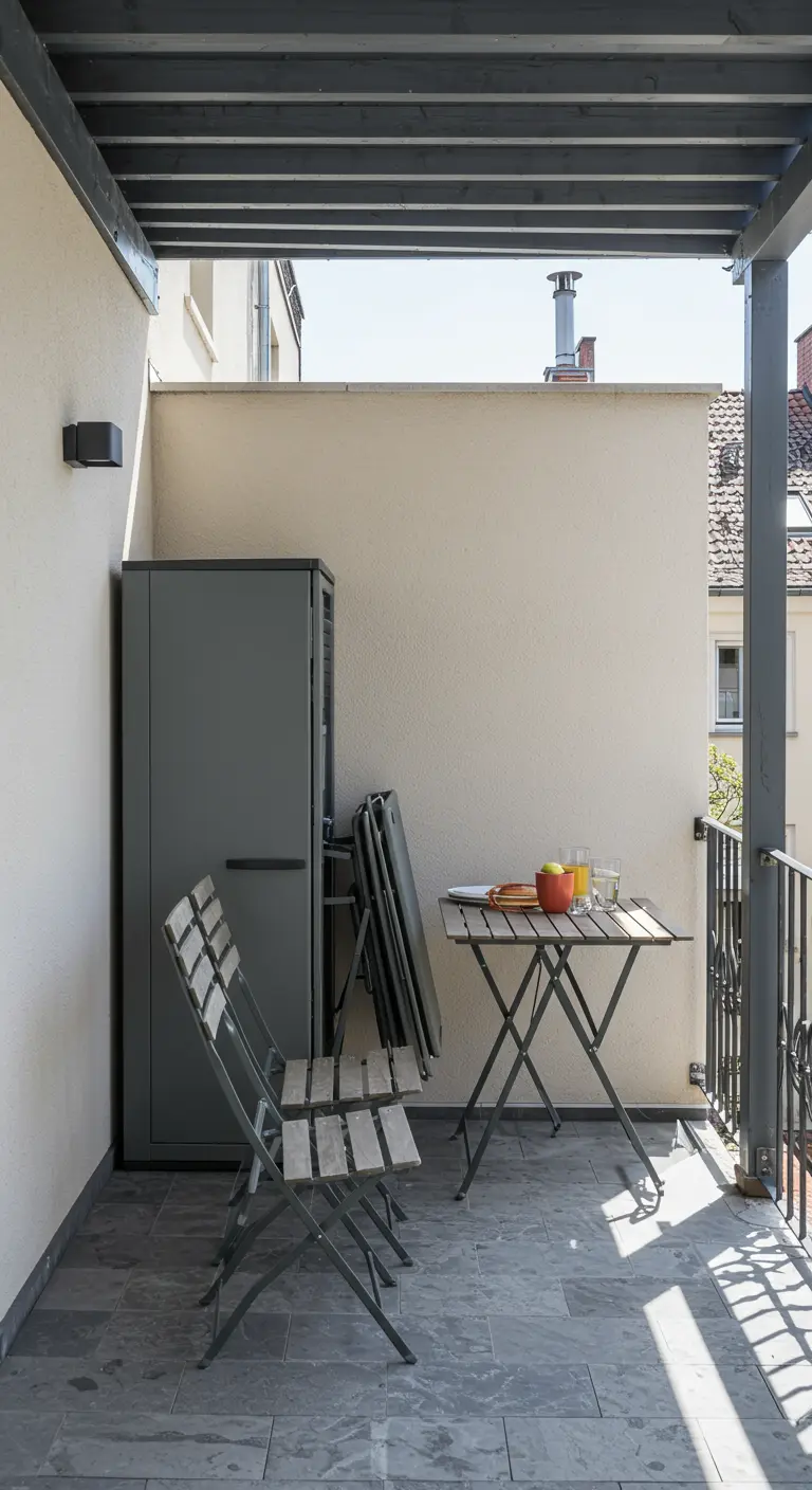 Armario de almacenaje gris junto a un conjunto de comedor plegable apilado en un balcón.