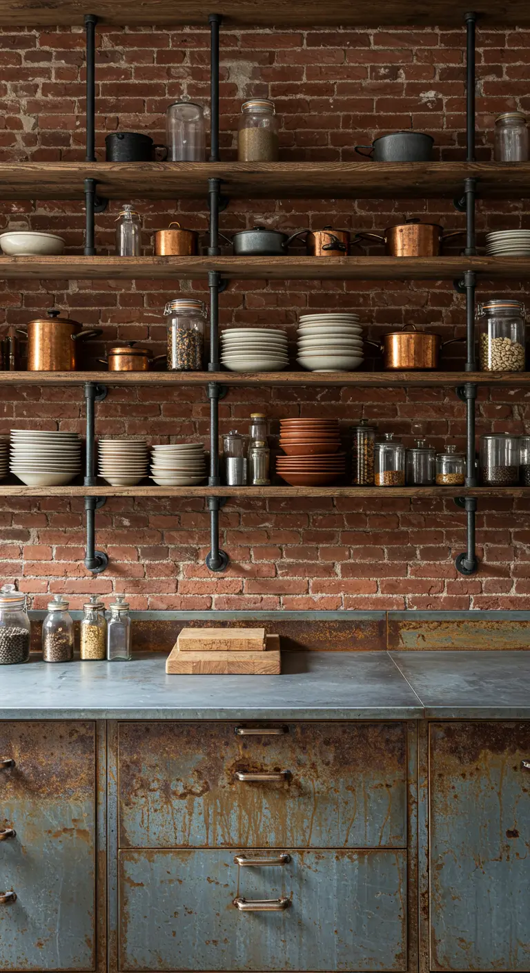 Pared de cocina industrial con estanterías abiertas de tuberías llenas de vajilla y utensilios.