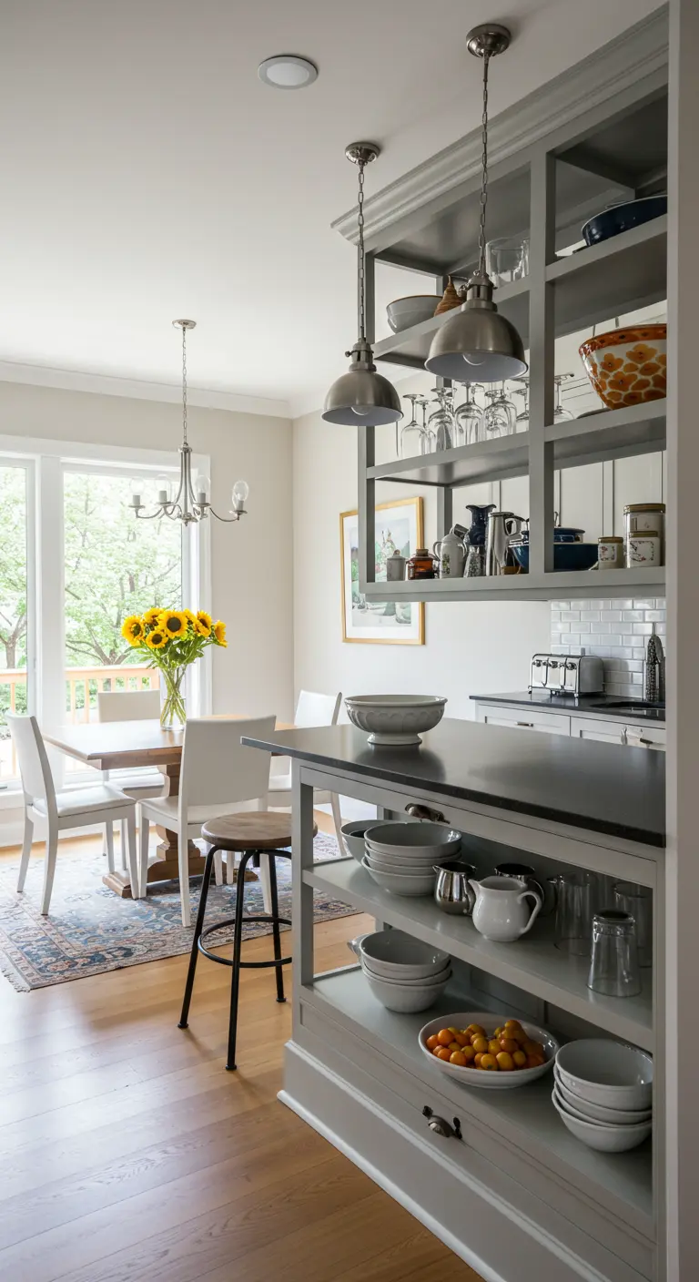 Estantería gris colgando del techo sobre una isla de cocina, con platos, boles y copas.