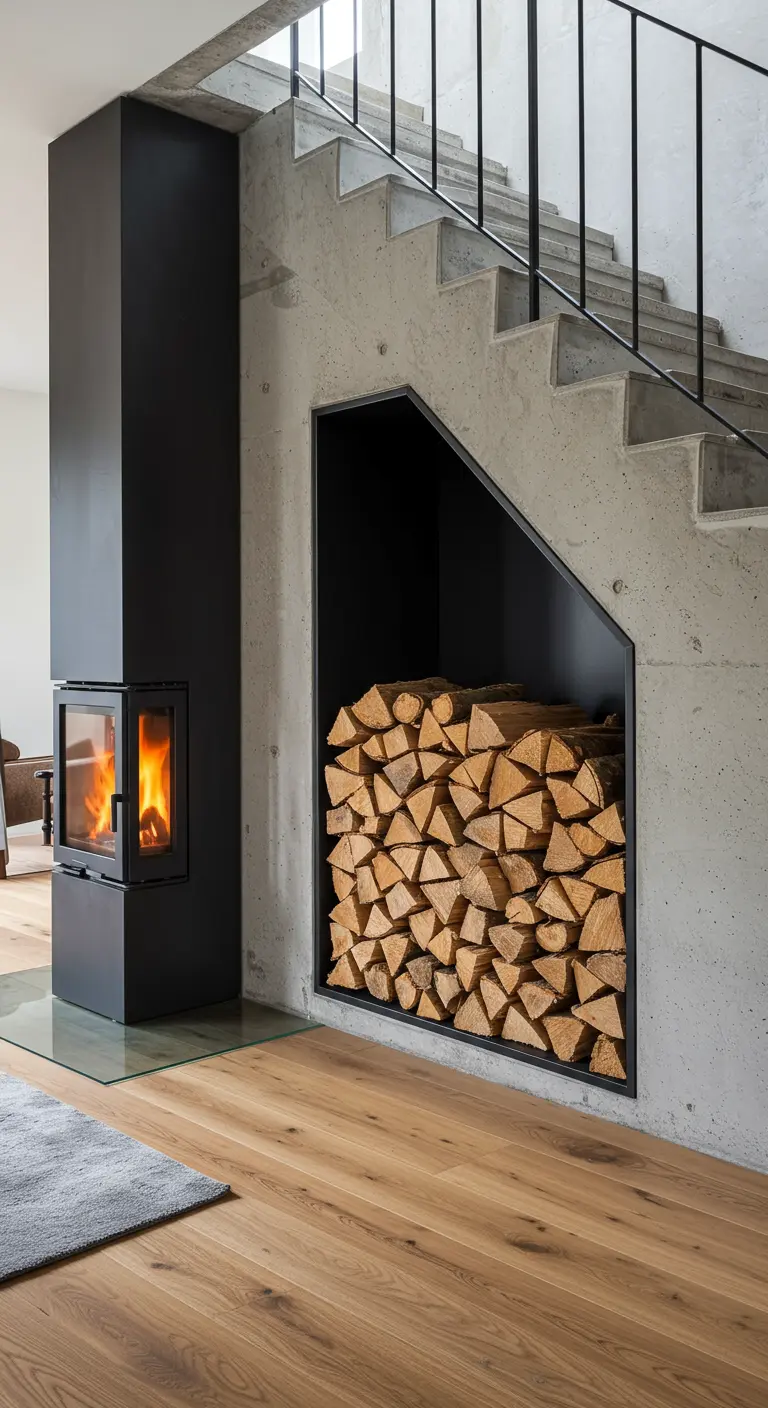 Nicho negro en una pared de hormigón bajo la escalera, lleno de leña apilada