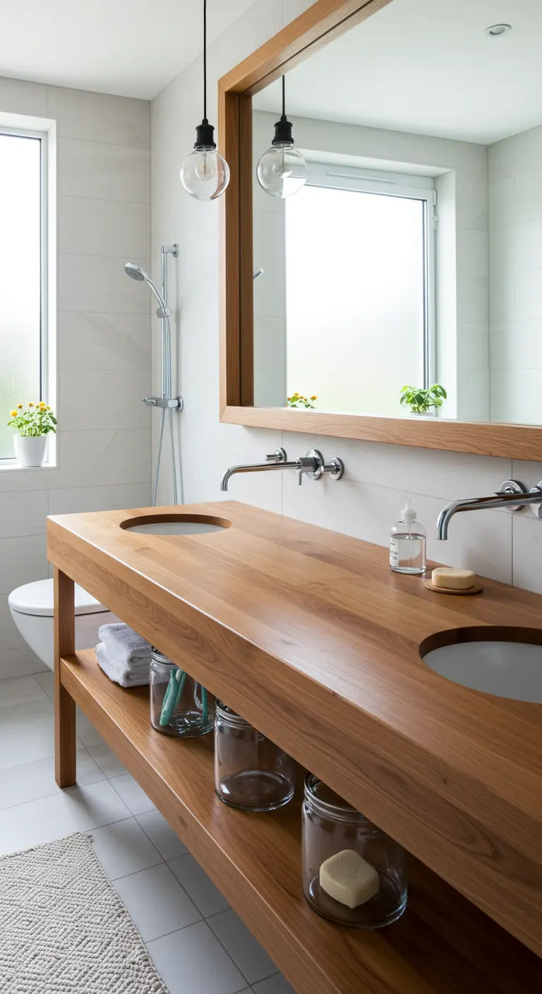 Encimera de madera con lavabos integrados y frascos de almacenamiento en el estante inferior.