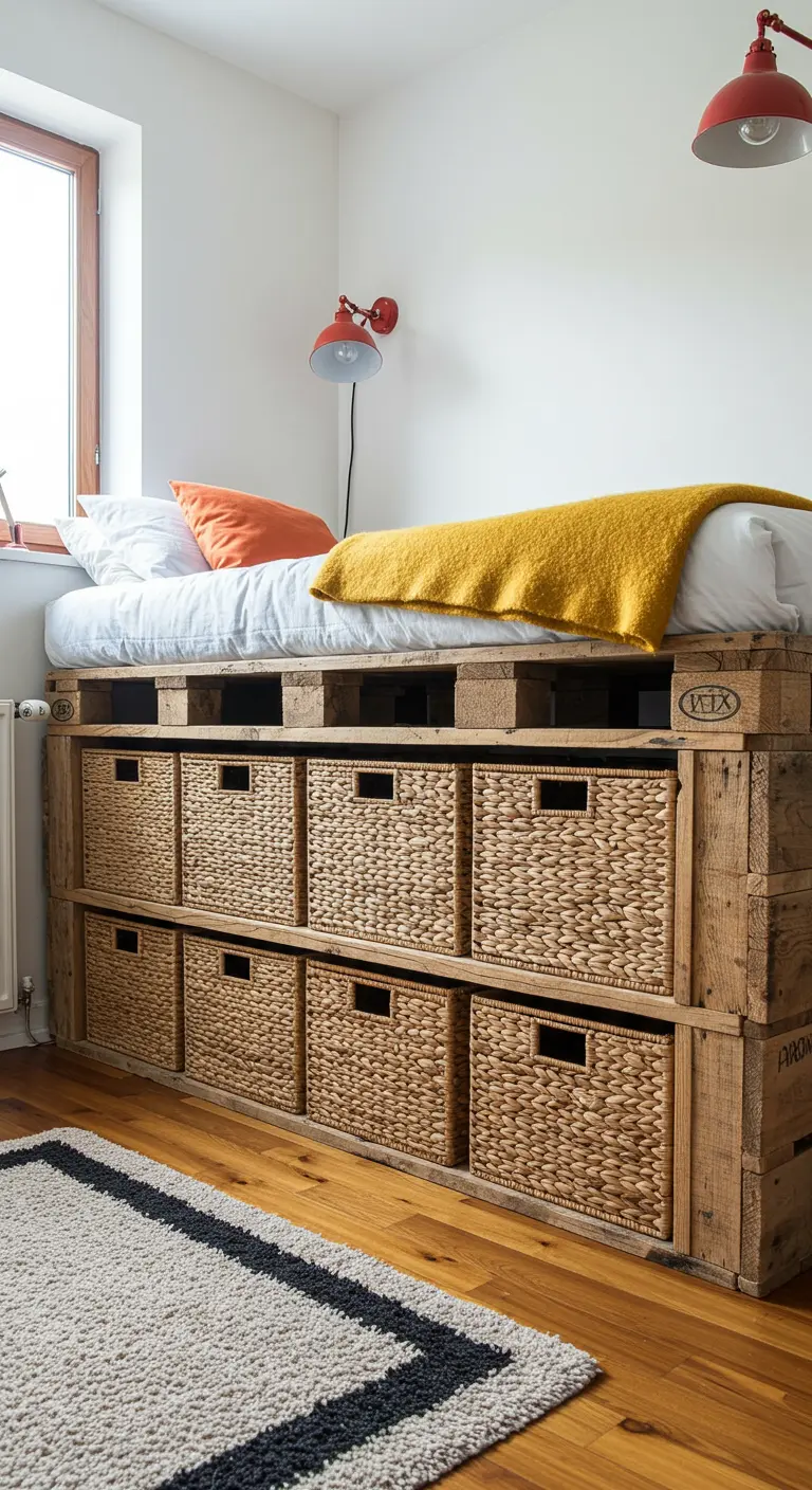 Cama alta de palets con cestas de mimbre para almacenamiento en los huecos inferiores.