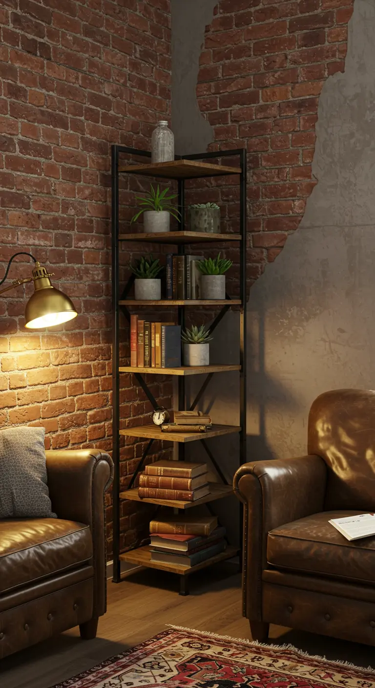 Estantería esquinera industrial de madera y metal en una sala con pared de ladrillo visto.