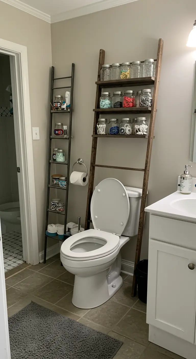 Estantería en forma de escalera de madera sobre el inodoro con frascos de almacenamiento.