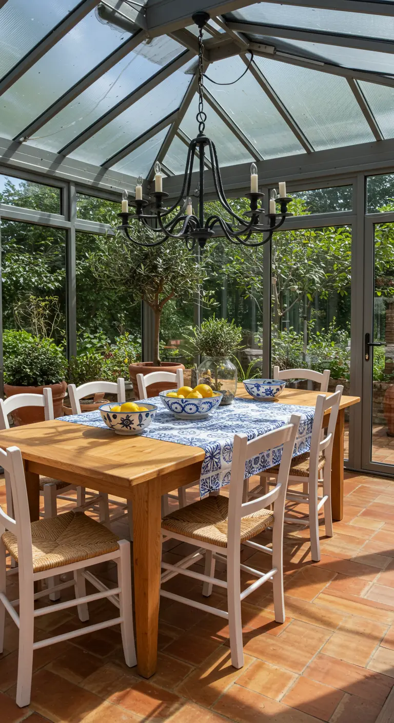 Comedor en un porche acristalado con mesa de madera, camino de azulejos y limones frescos.