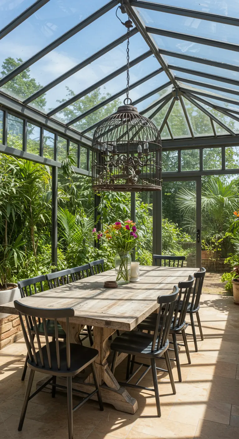 Comedor dentro de un invernadero de cristal con plantas, mesa de madera y lámpara en forma de jaula