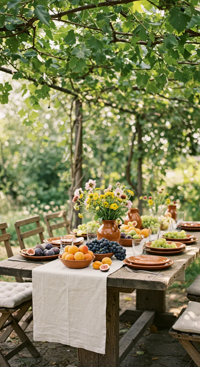 Mesa de madera rústica bajo una parra, con uvas, higos y vajilla de cerámica.