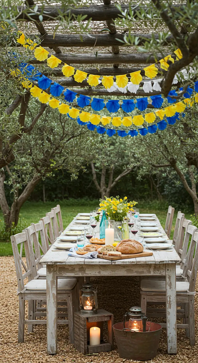 Mesa de comedor rústica al aire libre bajo una pérgola con guirnaldas de papel amarillas y azules.