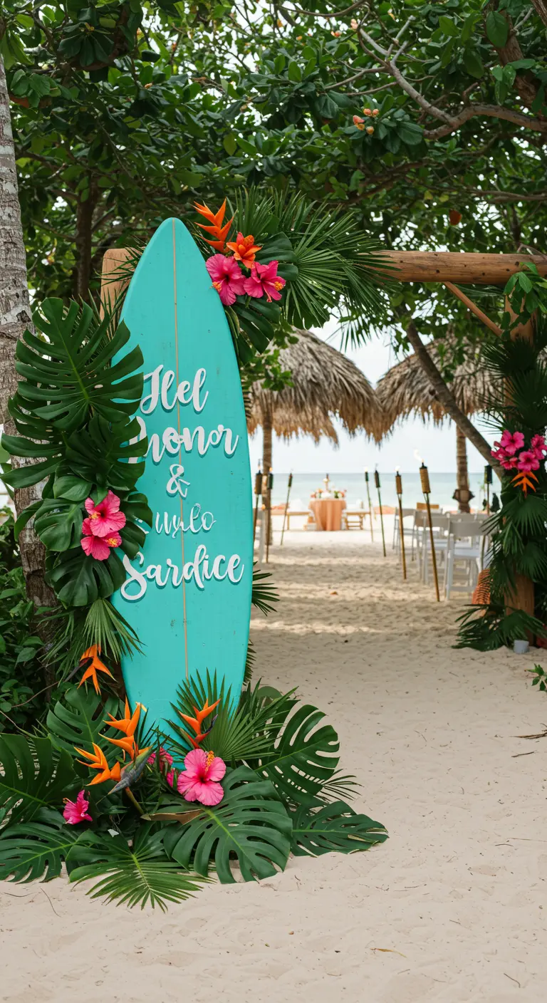 Tabla de surf turquesa usada como cartel de bienvenida en una playa tropical.