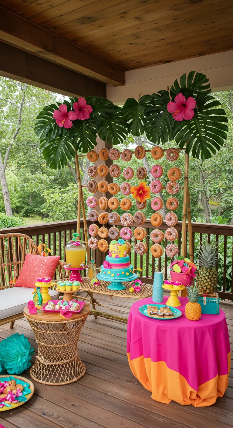 Pared de donuts colgantes en un marco de bambú, con temática tropical y flores de hibisco.