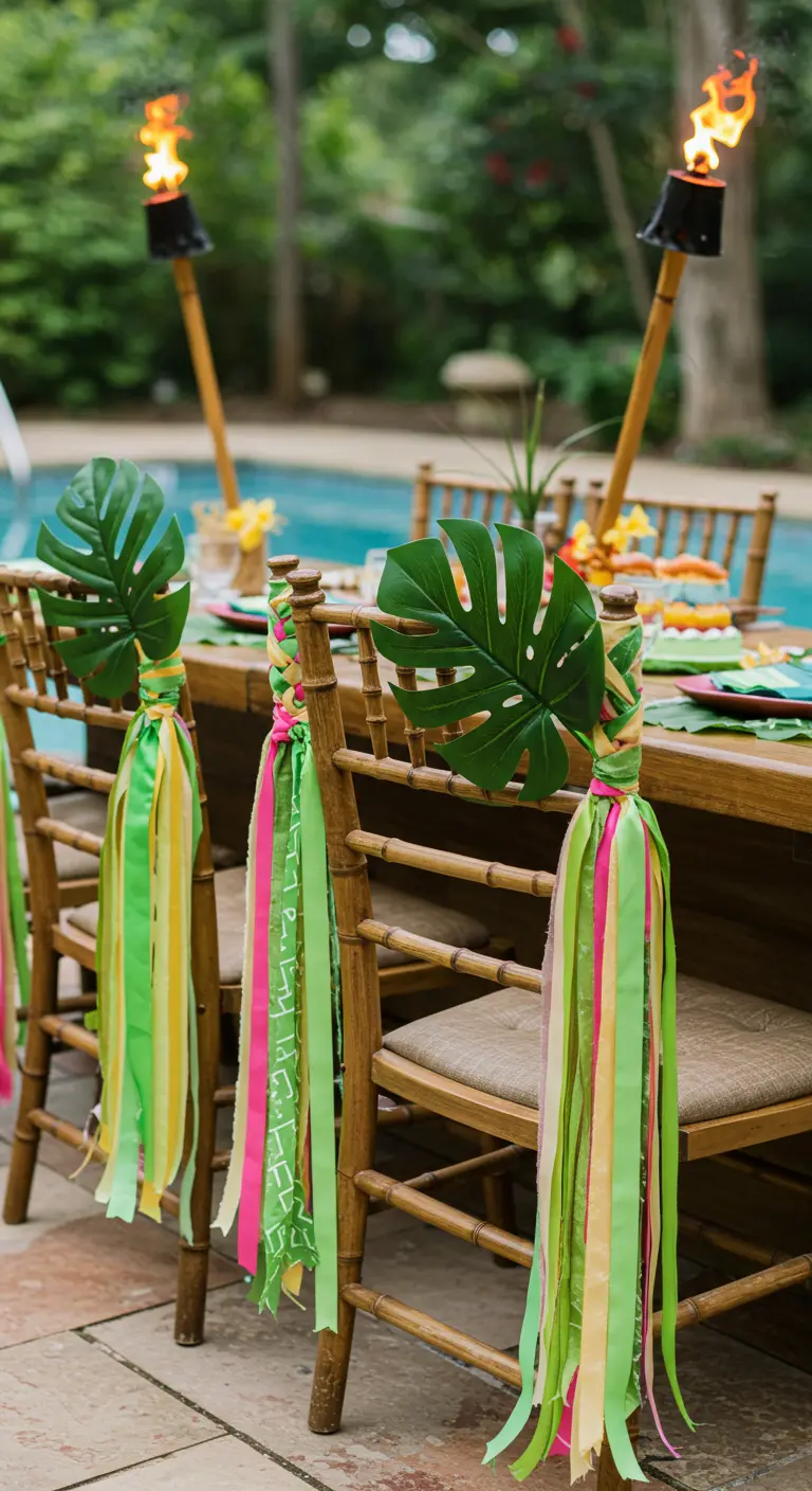 Sillas de bambú junto a una piscina, decoradas con cintas de colores y hojas de monstera.
