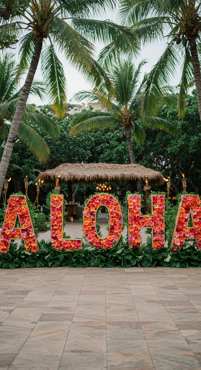 Letras gigantes que dicen ALOHA y están completamente cubiertas de flores tropicales de colores.
