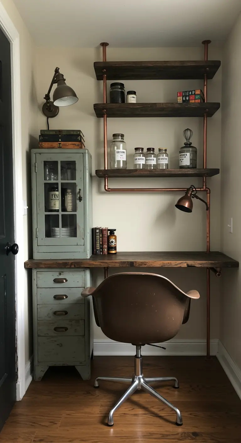 Rincón de trabajo con estanterías de tubería de cobre y un archivador metálico vintage de color verde.