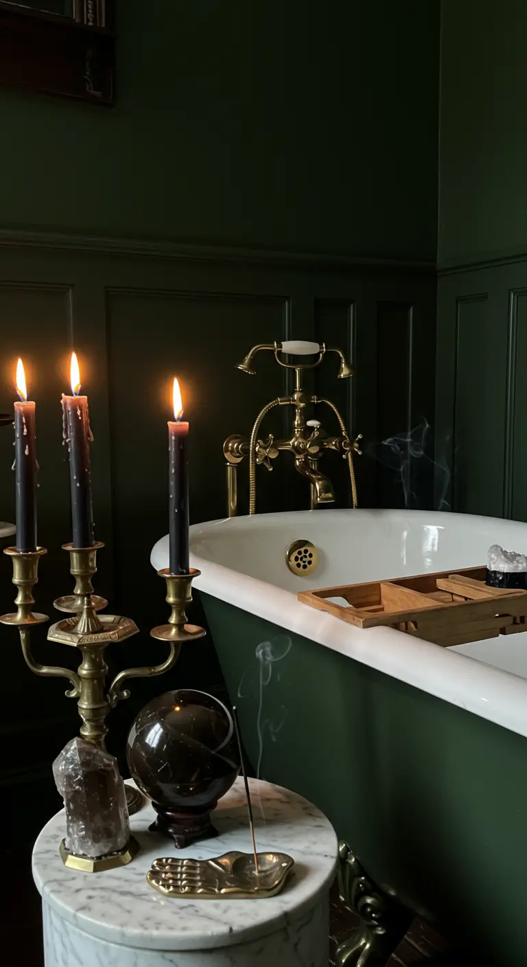 Baño verde oscuro con bañera vintage, candelabro de latón y velas negras.