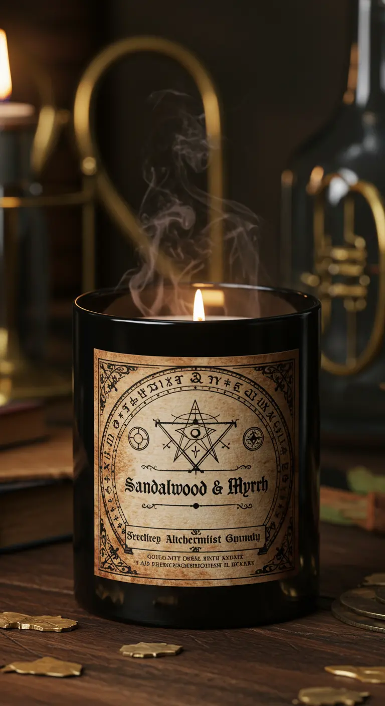 Vela negra de sándalo y mirra con una etiqueta de símbolos alquímicos, creando un ambiente místico.
