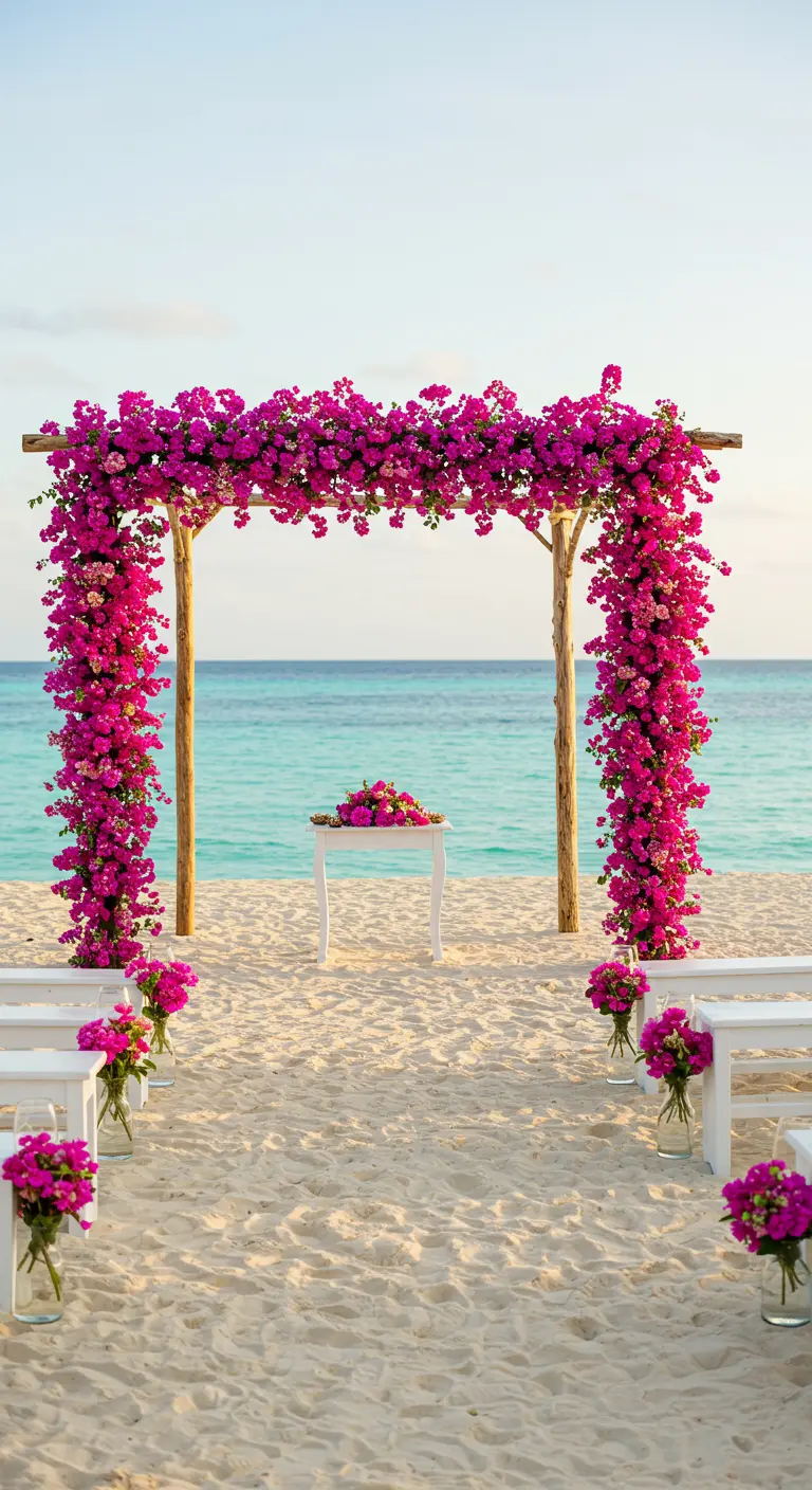 Arco de boda con buganvillas fucsias en una playa de arena blanca.