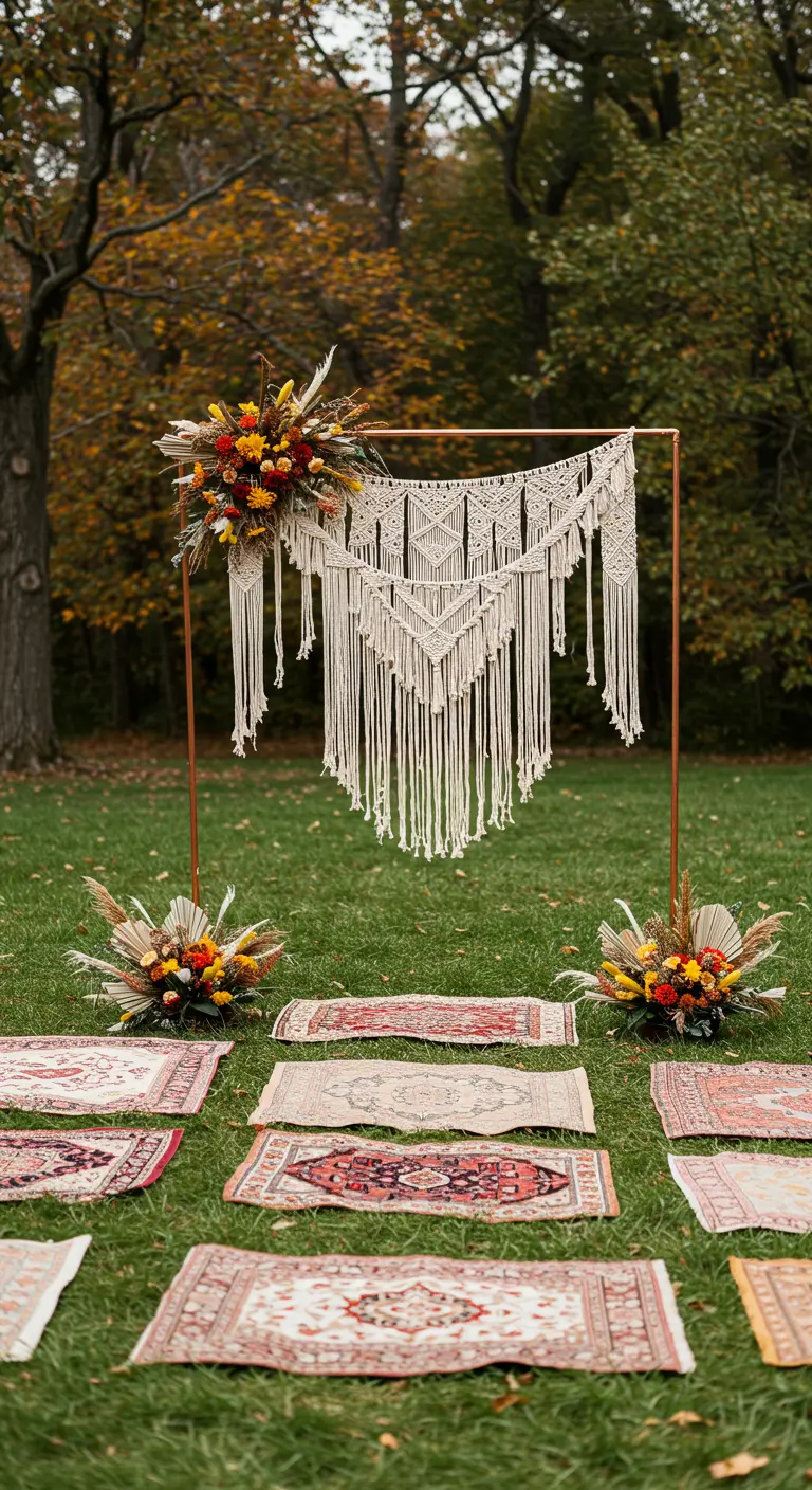 Altar de boda bohemio con un gran tapiz de macramé y alfombras persas en el suelo.