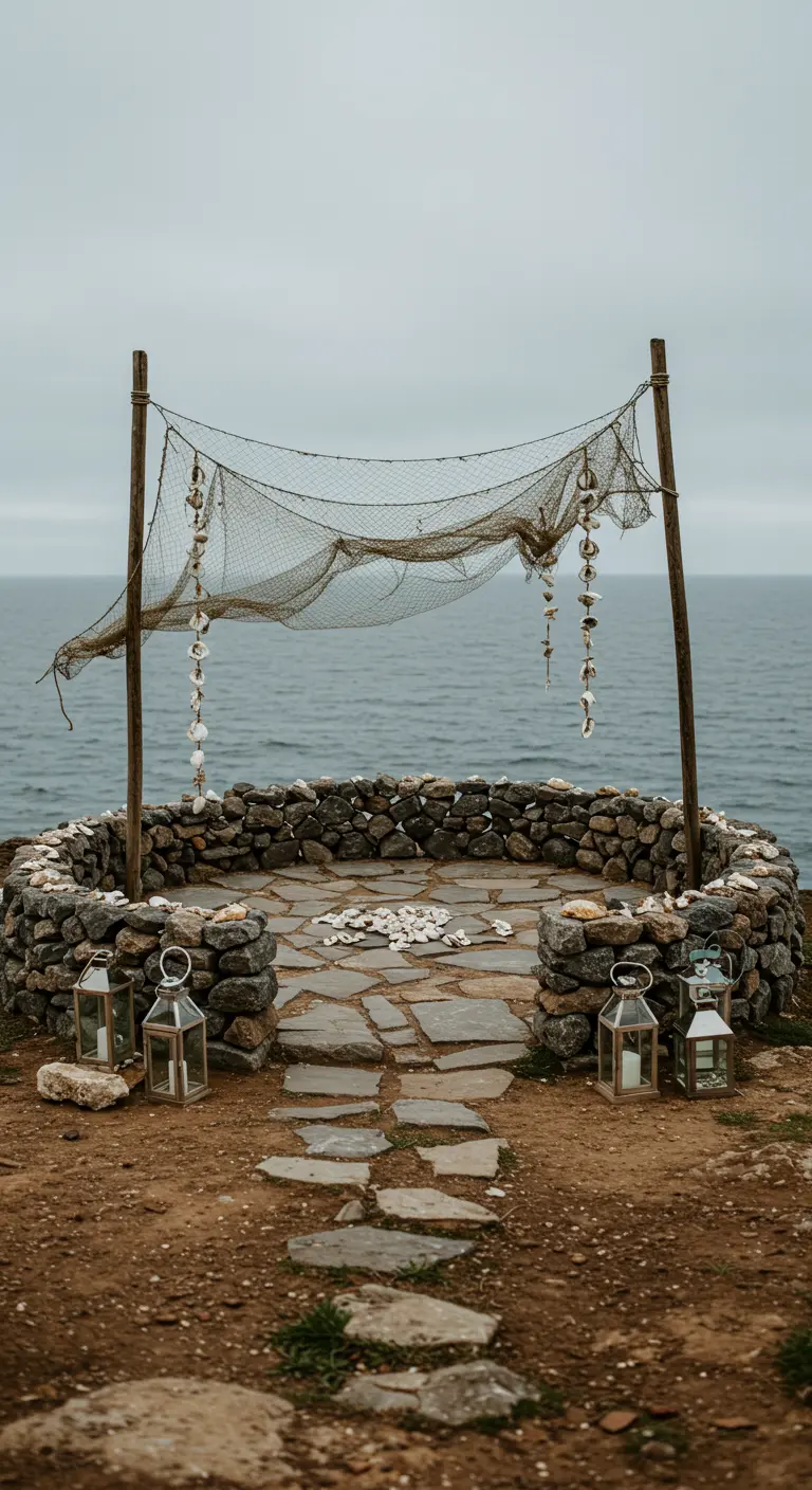 Altar de boda rústico en un acantilado, con un círculo de piedras y una red de pesca.
