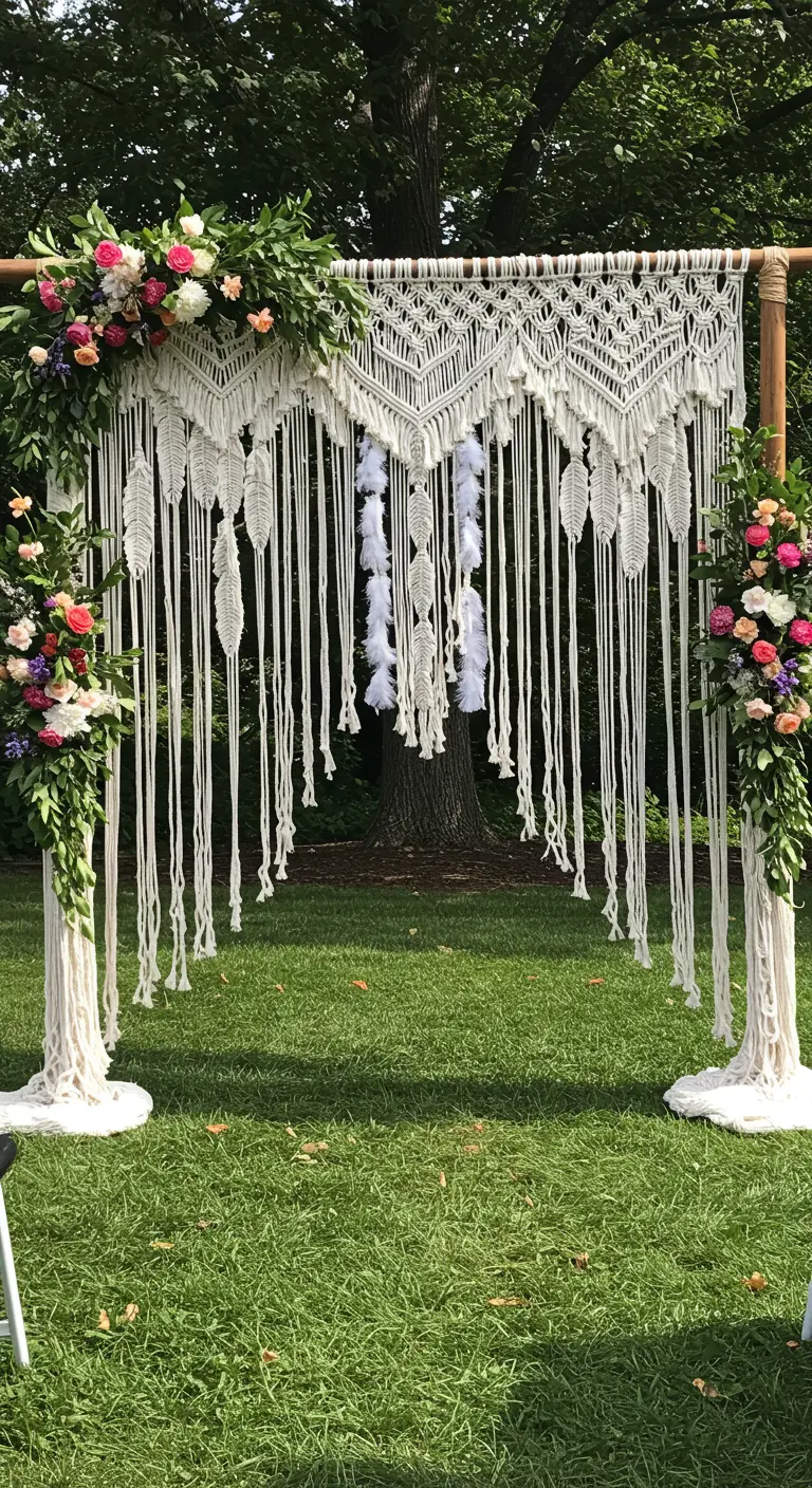 Impresionante altar de boda de macramé decorado con flores y plumas blancas