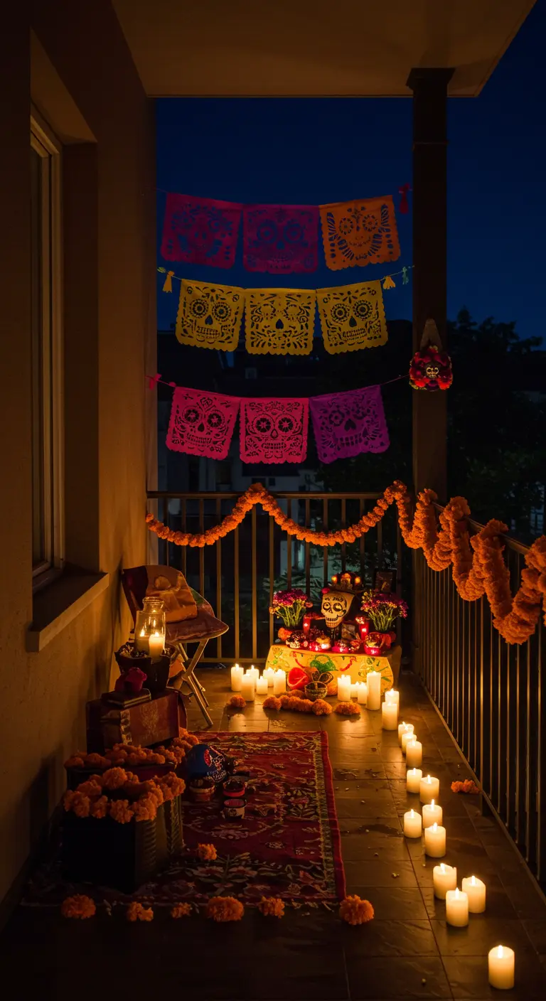Altar del Día de Muertos en un balcón con papel picado, cempasúchil y velas.