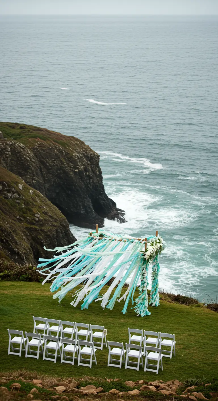 Un altar de boda en un acantilado, hecho con cintas de tela azules y blancas que vuelan con el viento.