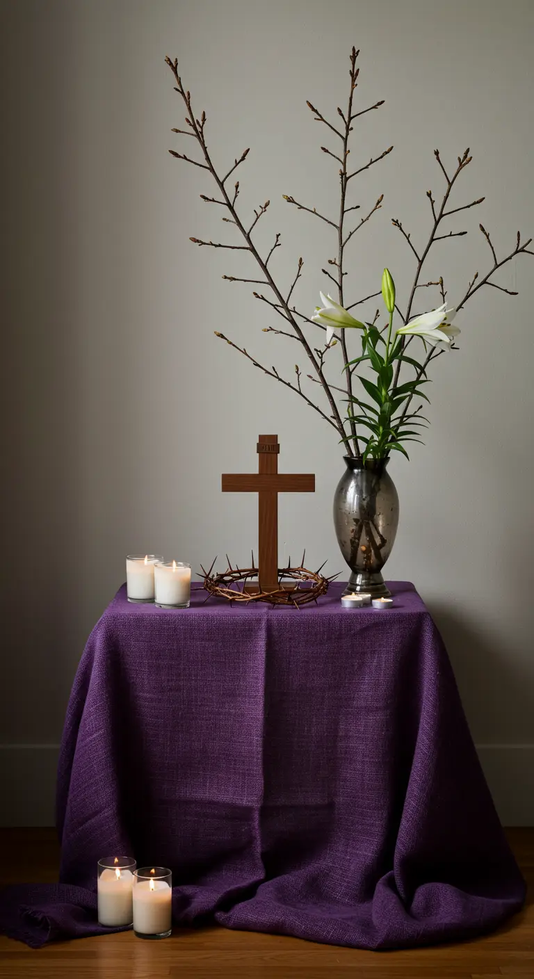 Altar de Cuaresma con tela morada, cruz de madera, corona de espinas y lirios.