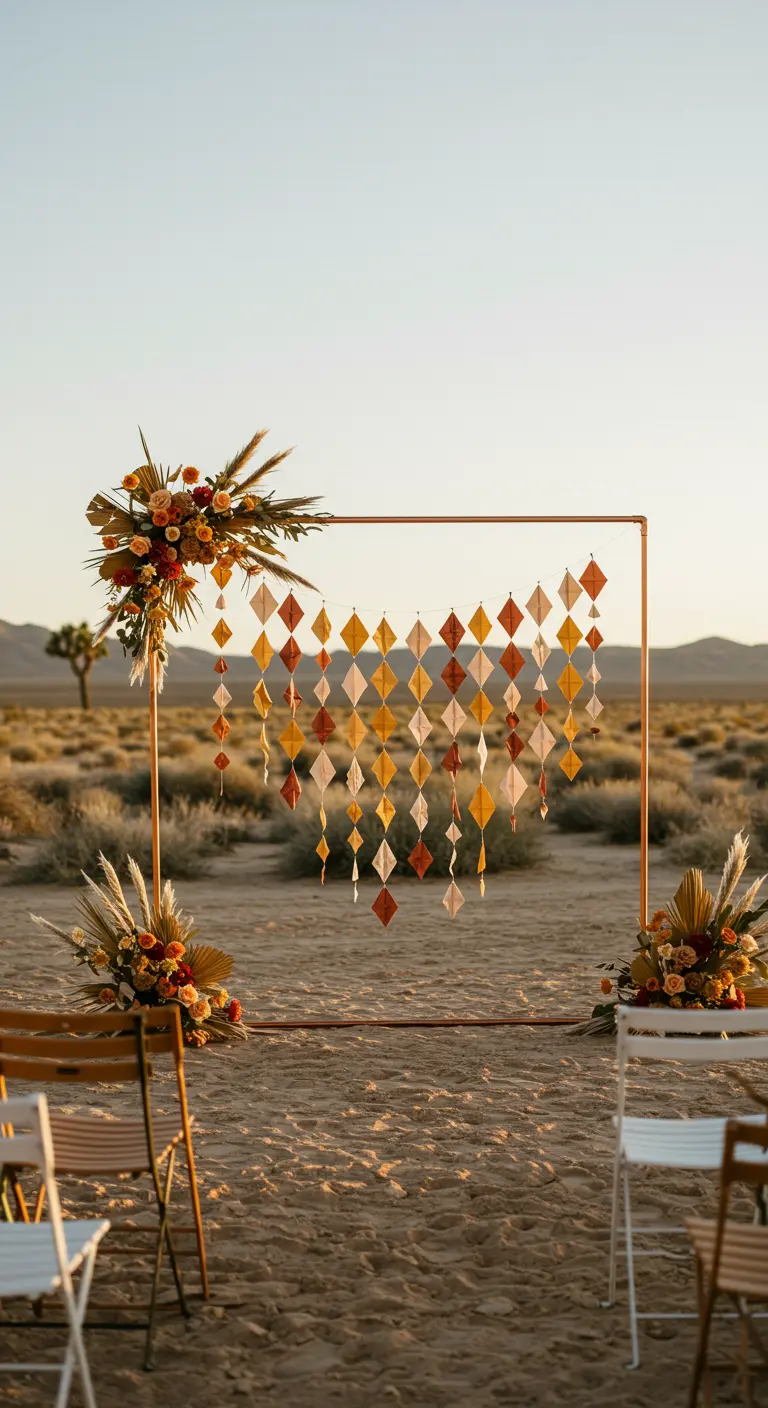 Altar de boda en el desierto con guirnaldas de papel en forma de rombo en tonos tierra.
