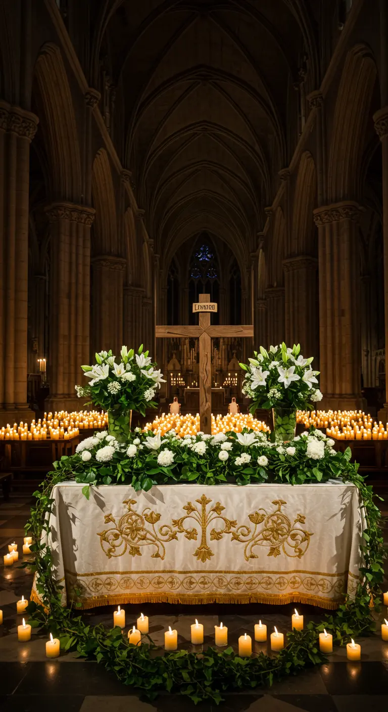 Altar de iglesia con una gran cruz de madera, opulentos arreglos de lirios blancos y muchas velas.