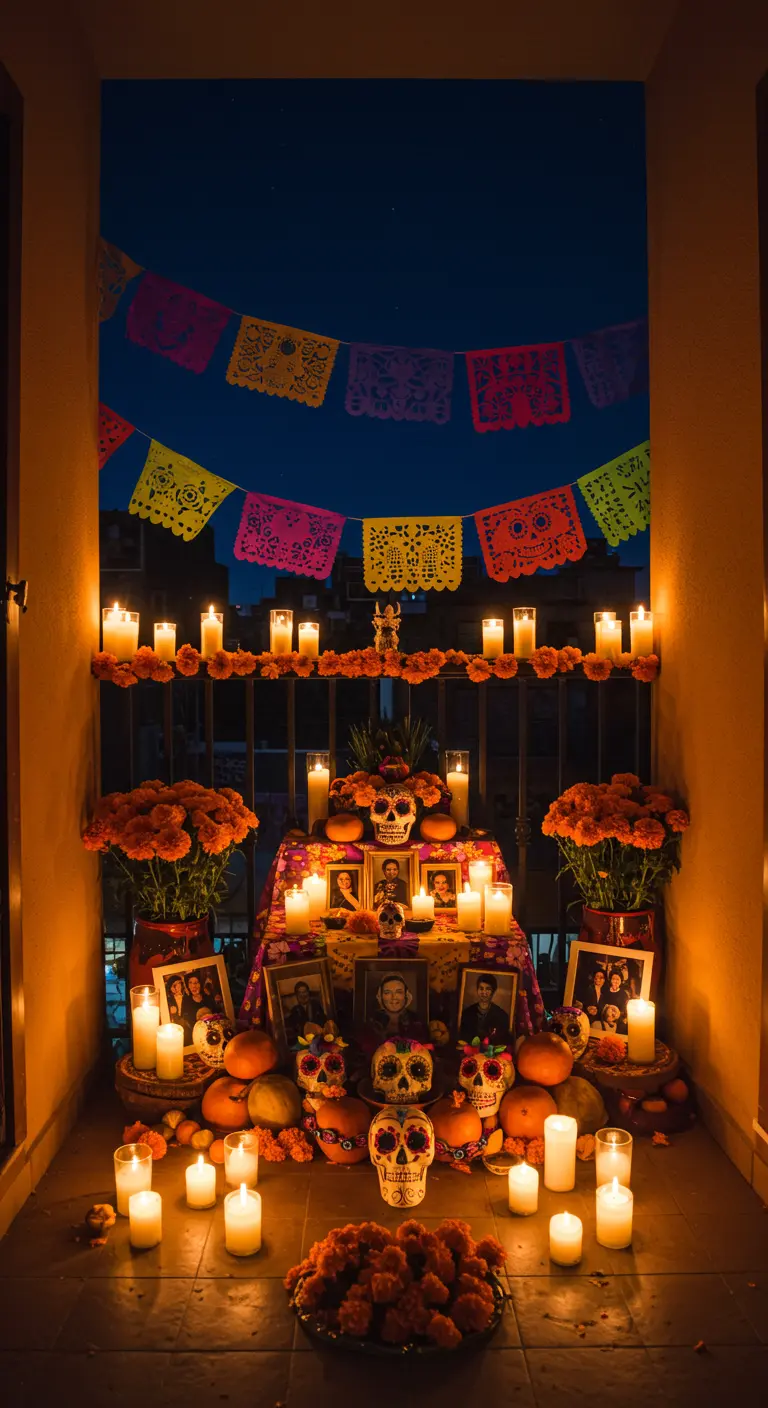 Balcón convertido en un altar del Día de Muertos con papel picado, fotos, calaveras y cempasúchil.