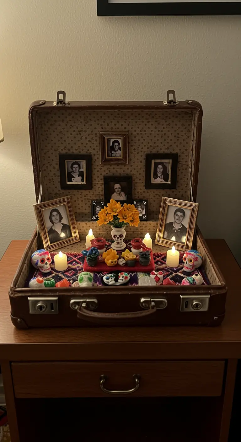 Maleta vintage abierta usada como un altar portátil con fotos pequeñas, flores y velas.