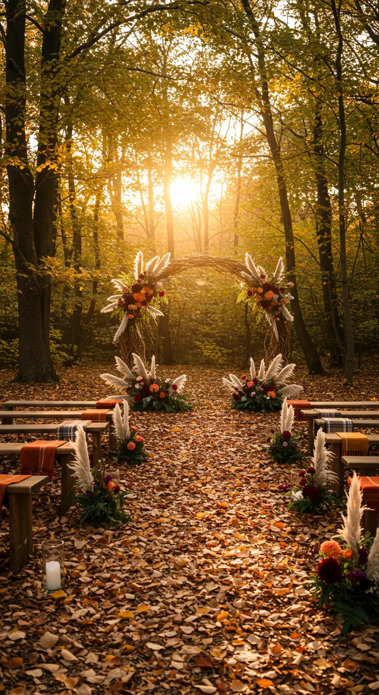 Ceremonia de boda en un bosque otoñal con un arco de ramas y el sol poniéndose.