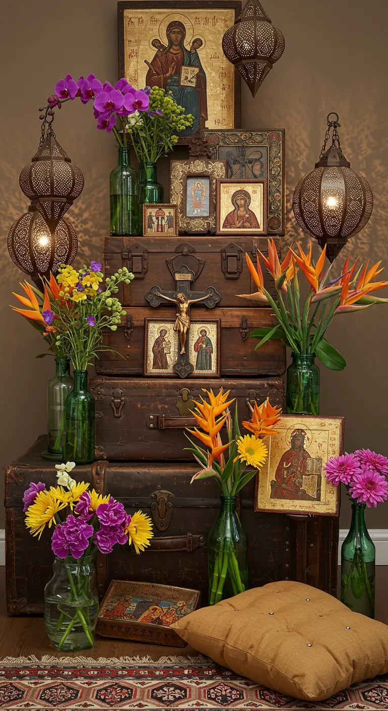 Altar ecléctico hecho con maletas antiguas apiladas, iconos y flores exóticas.