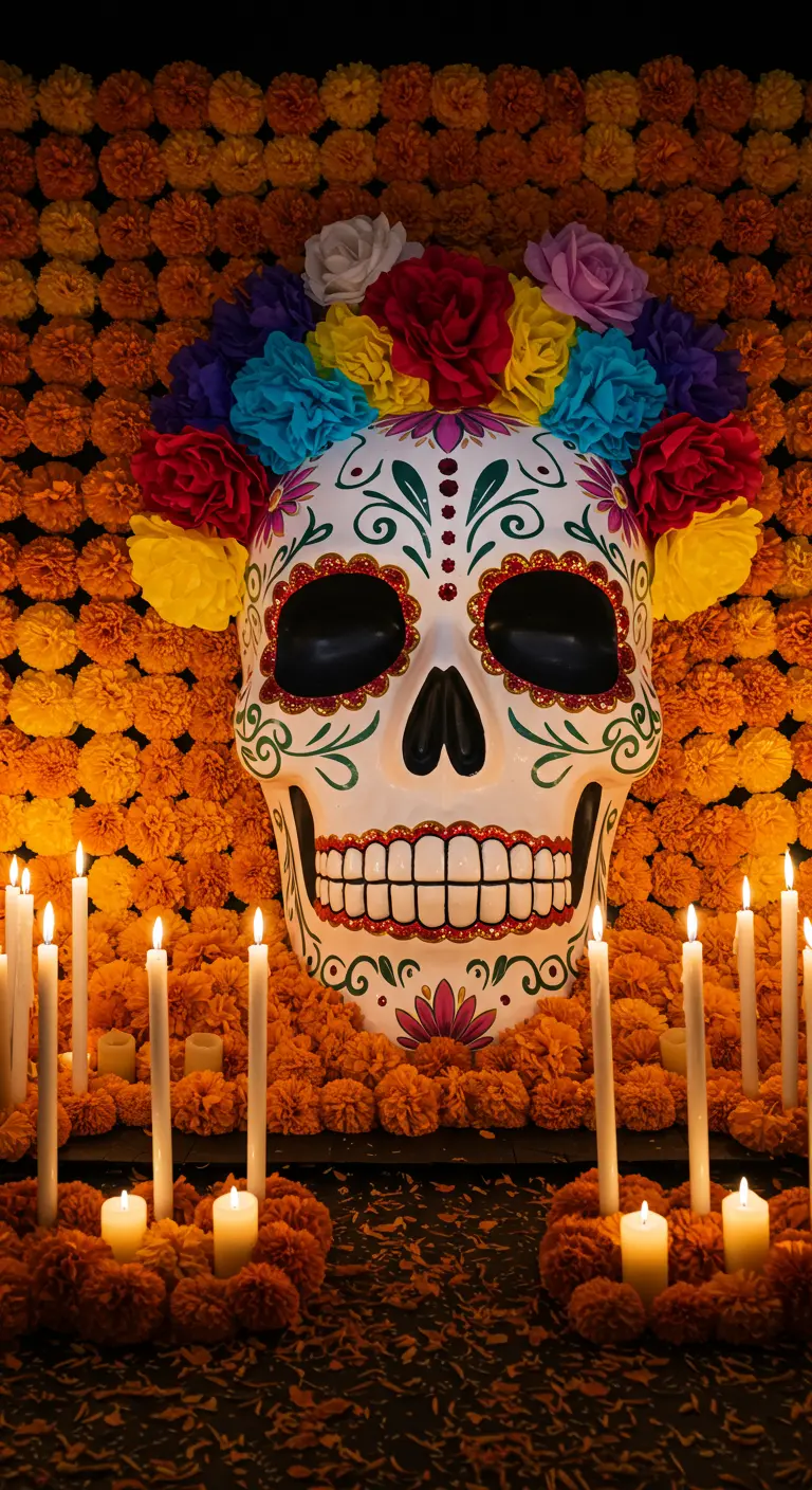 Calavera de azúcar gigante decorada con flores y rodeada de un muro de cempasúchil y velas.