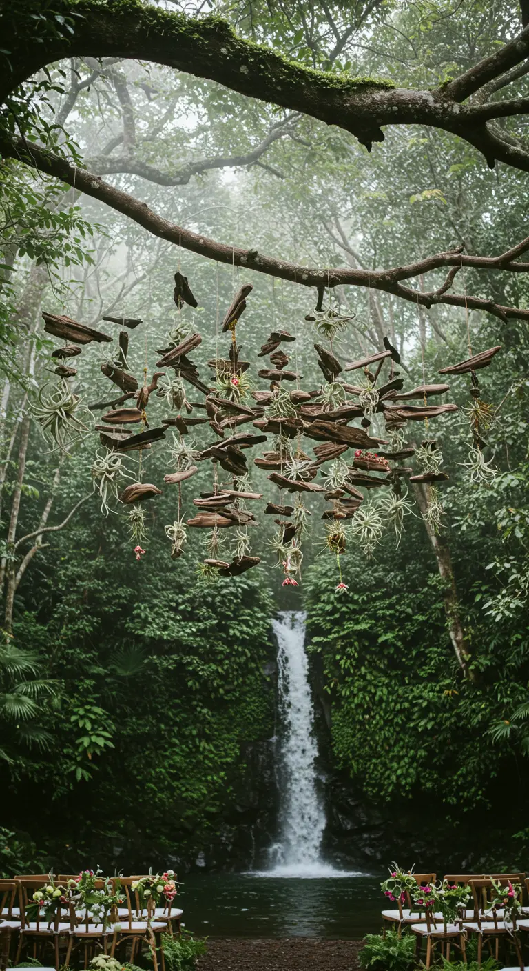 Móvil colgante de madera y plantas de aire como altar frente a una cascada.