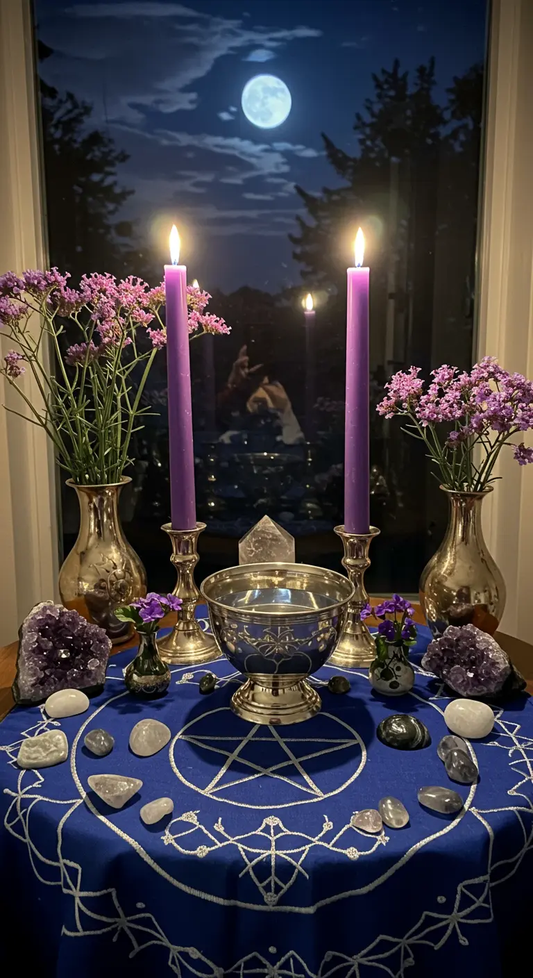 Altar nocturno frente a una ventana con luna llena, cristales, velas y mantel de pentagrama.