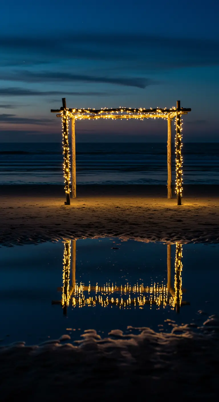 Arco de madera en la playa al atardecer, decorado con luces de hadas y reflejado en el agua.