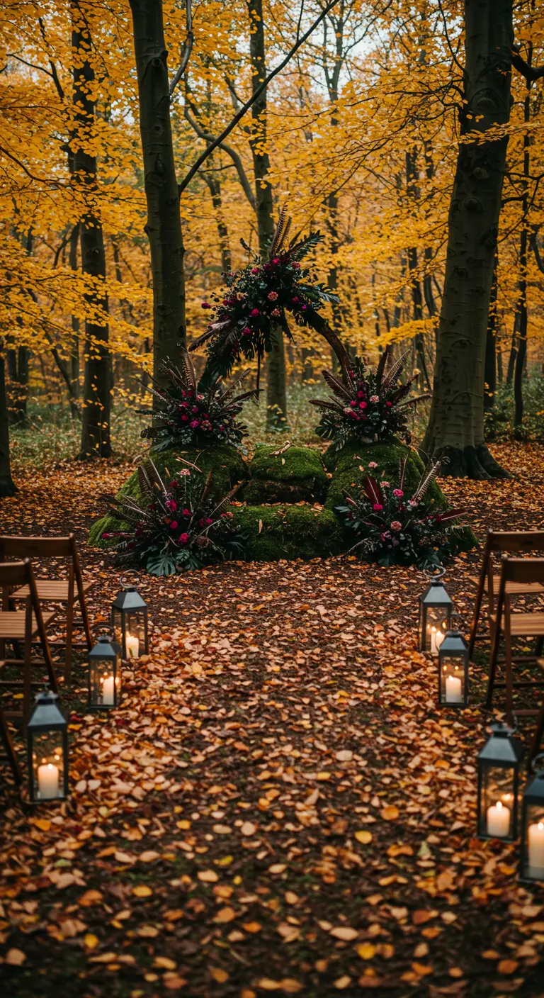 Altar de boda en un bosque otoñal con flores oscuras y faroles en el suelo.