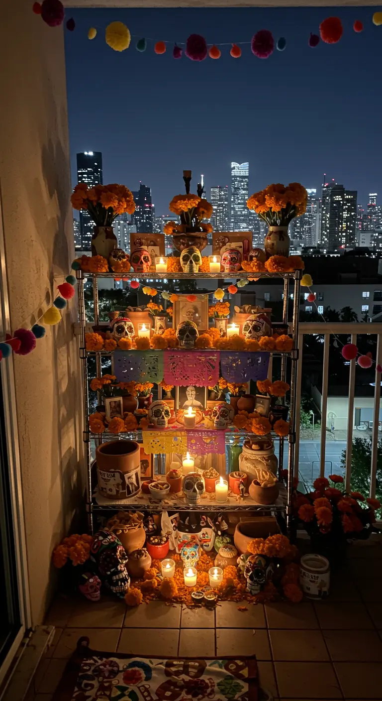 Altar de muertos en una estantería metálica en un balcón, con el skyline de la ciudad de fondo.