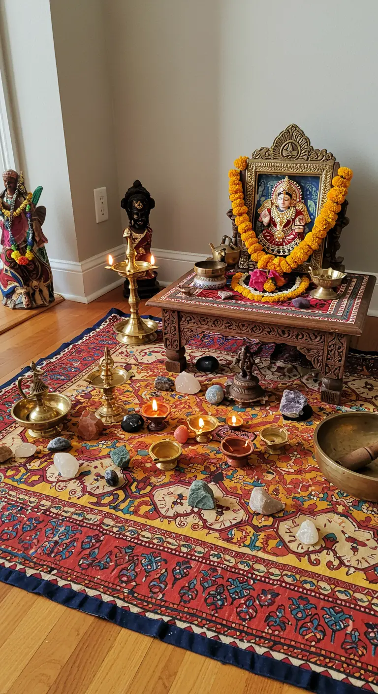 Altar de meditación hindú con una imagen sagrada, flores, lámparas de aceite y cristales.